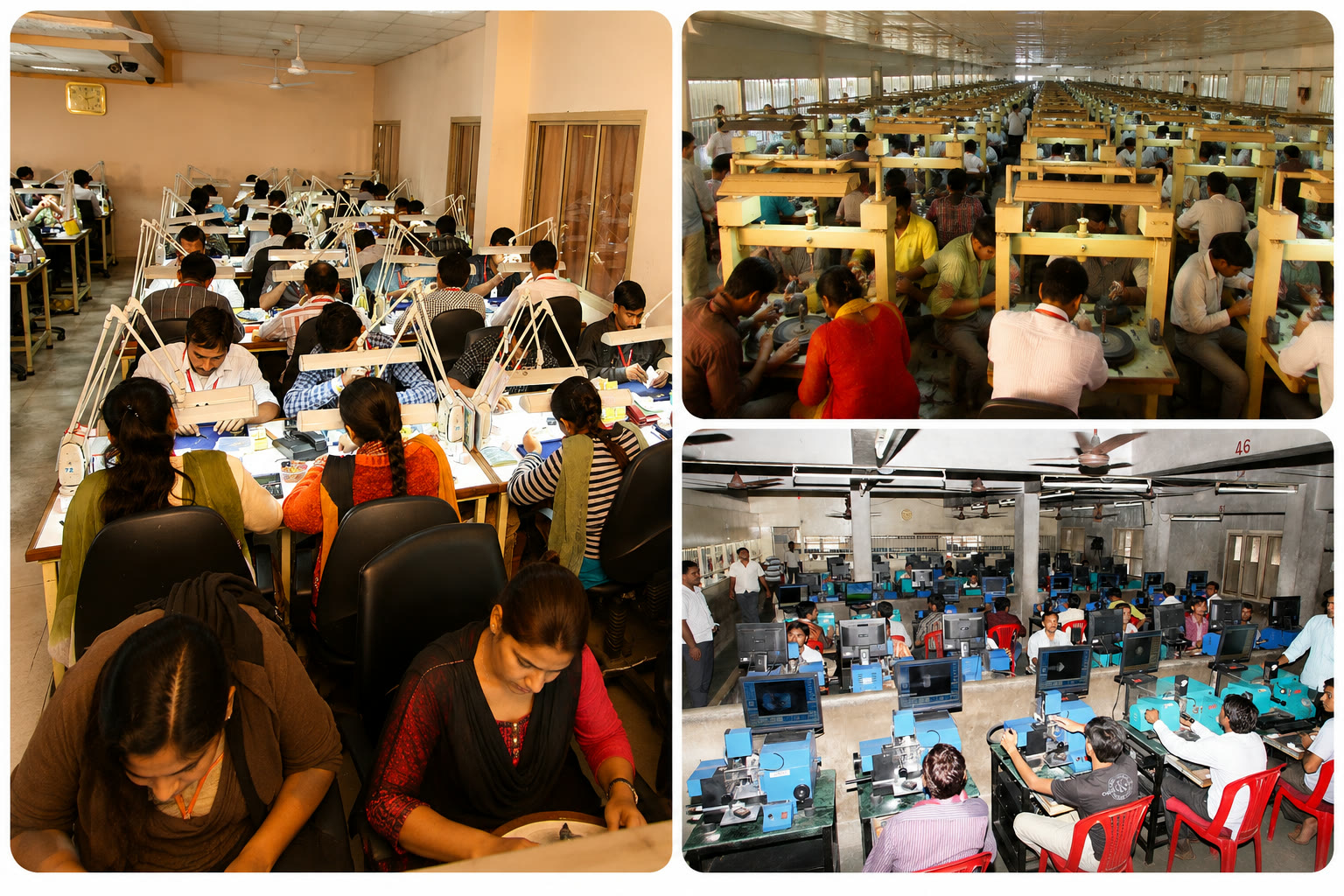 Three floors of the Visnagar operation: the sorting benches under angle-poise lamps, the polishing hall running the length of the building, and the grading room at its banks of screens.