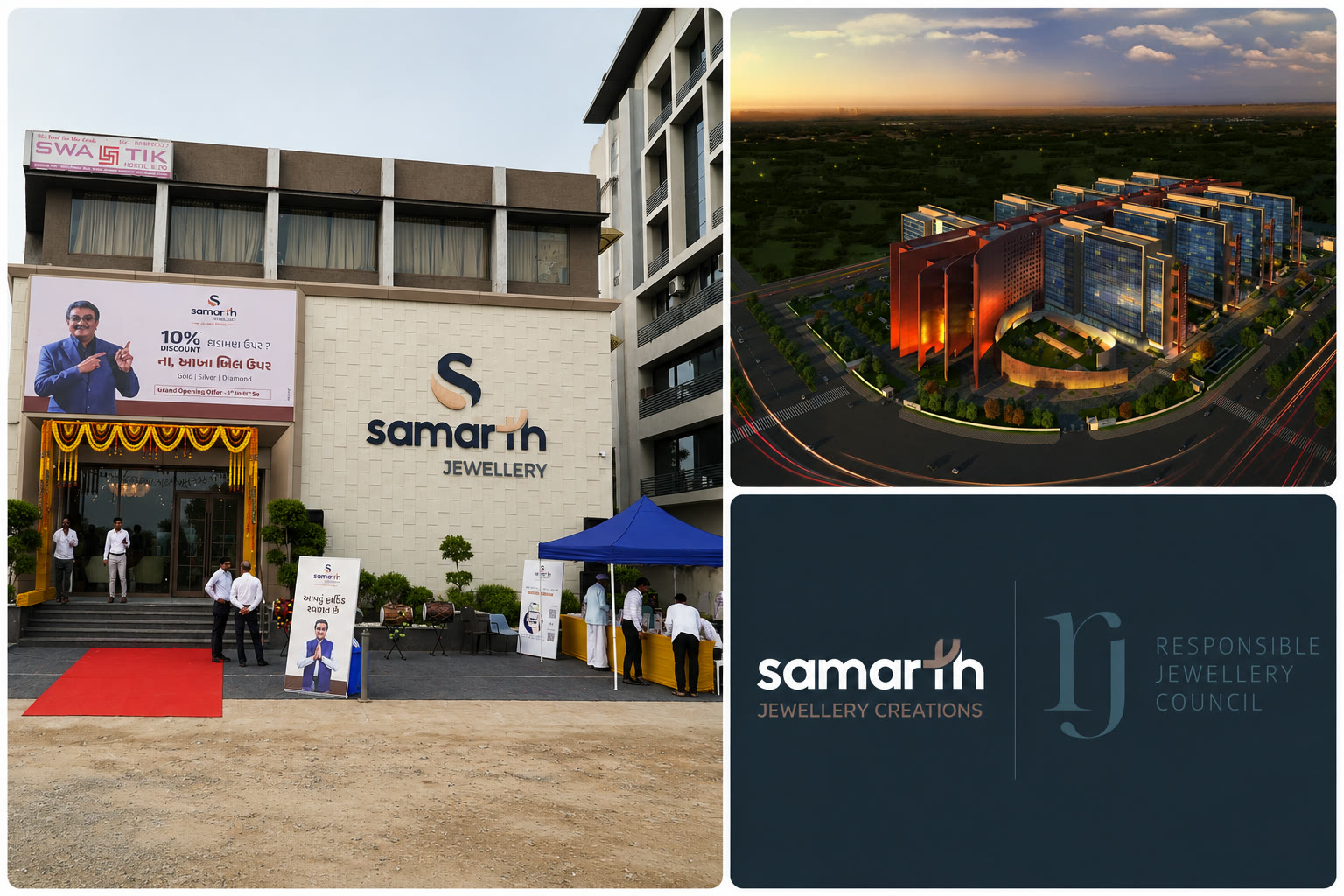 The Gandhinagar showroom on opening day with marigold garlands over the entrance, an architect's view of the new campus, and the Samarth Jewellery Creations mark beside the Responsible Jewellery Council's.