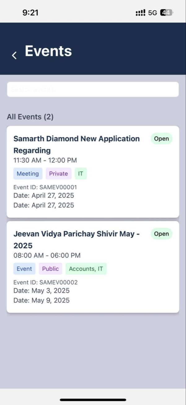 A company events list, each event showing its time, whether it is a meeting or an open event, the departments involved and its dates.