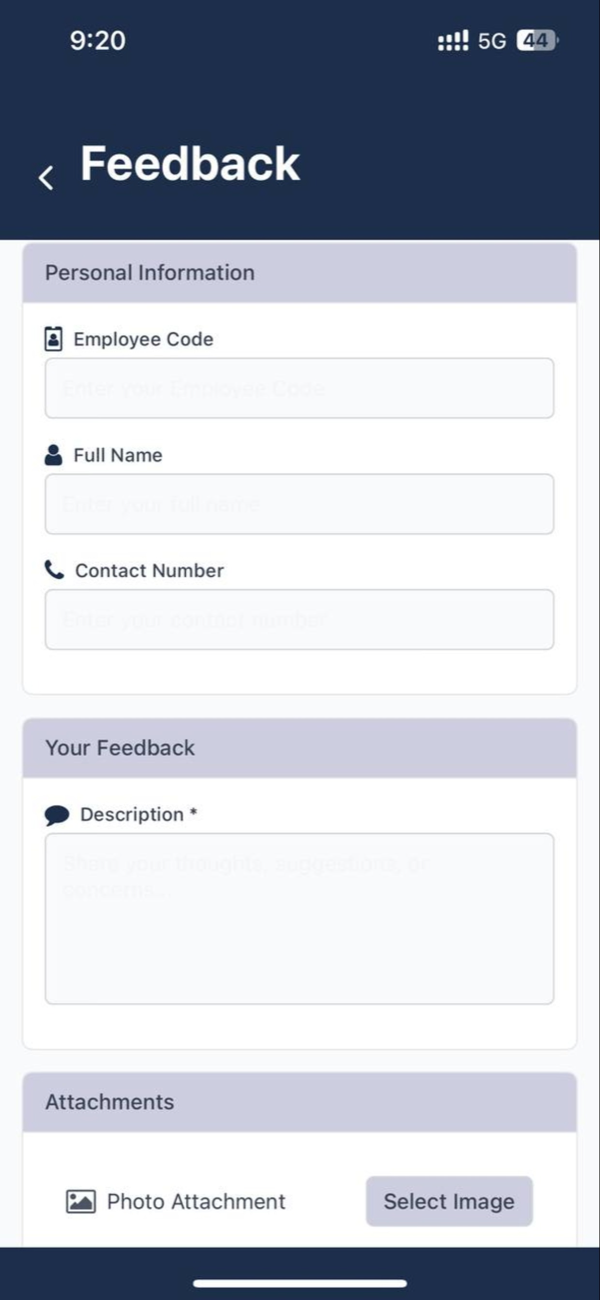A feedback form with employee code, name and contact fields, a description box and a photo attachment.