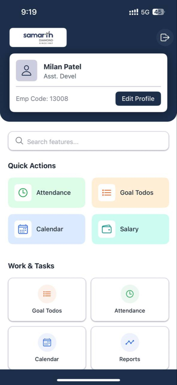 The app home screen: a profile card above quick actions for attendance, goal todos, calendar and salary, then a work and tasks grid.
