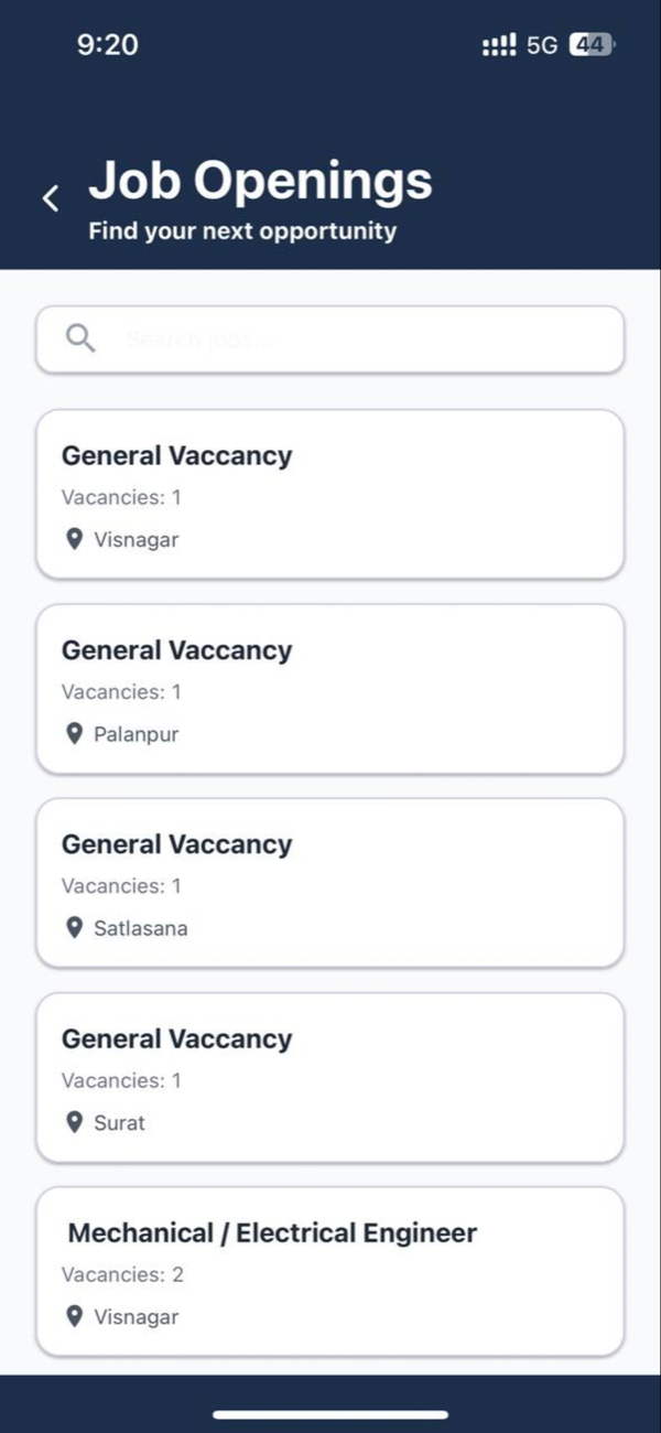 An internal job openings list showing roles, the number of vacancies and the town each is based in.