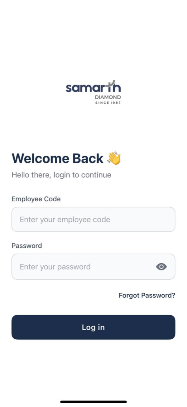 The app sign-in screen: employee code and password fields beneath the Samarth Diamond logo.
