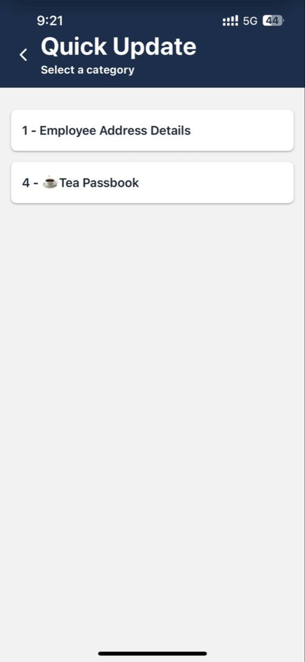 A quick update screen offering categories an employee can update themselves, such as address details.