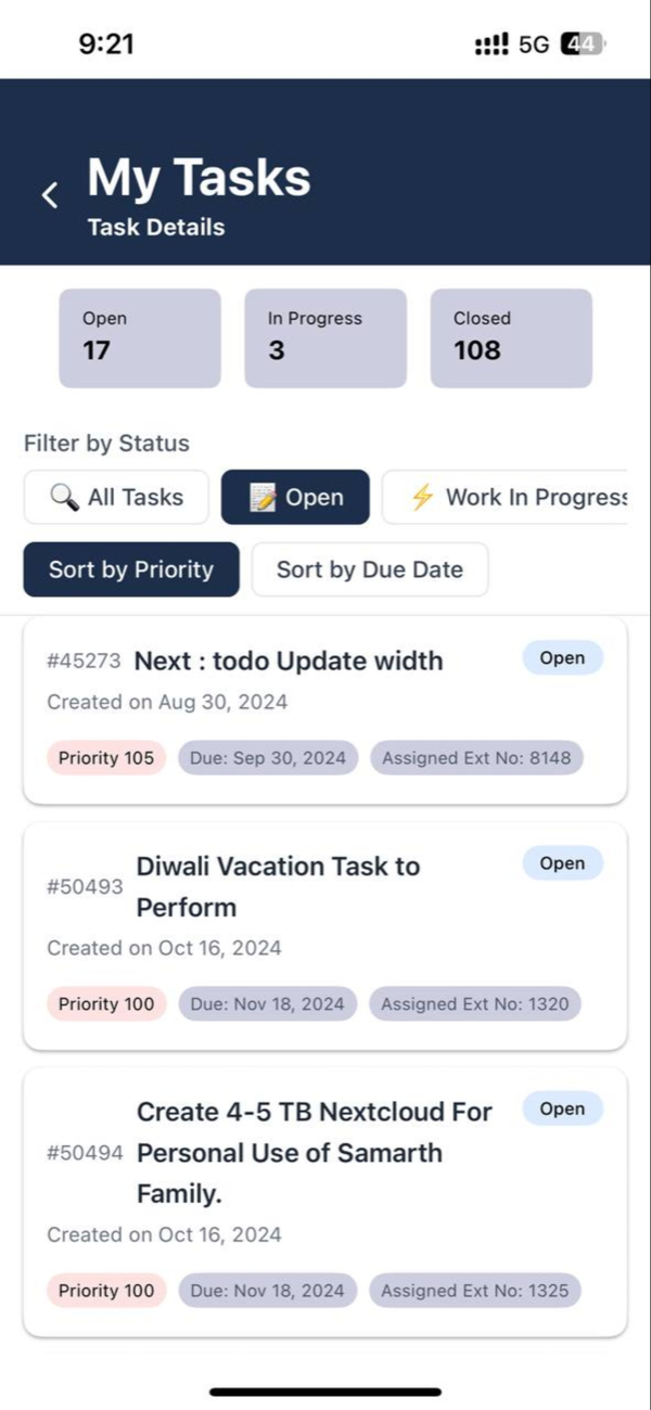 A task list with counts of open, in-progress and closed tasks, filters and sorting, then each task showing its number, title, creation date, priority, due date and the extension it is assigned to.