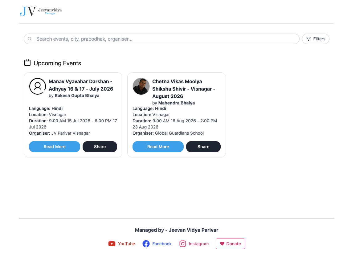 The Jeevanvidya Visnagar event portal, listing upcoming events with the speaker, language, location, duration and organiser of each.