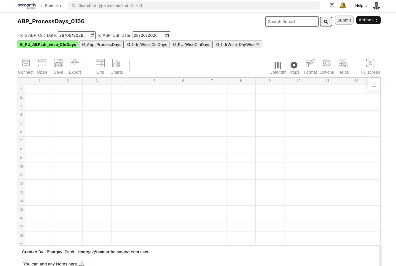 A report screen with a from and to date range, five saved report views across the top, and a spreadsheet-style grid with connect, export, chart and column formatting tools.