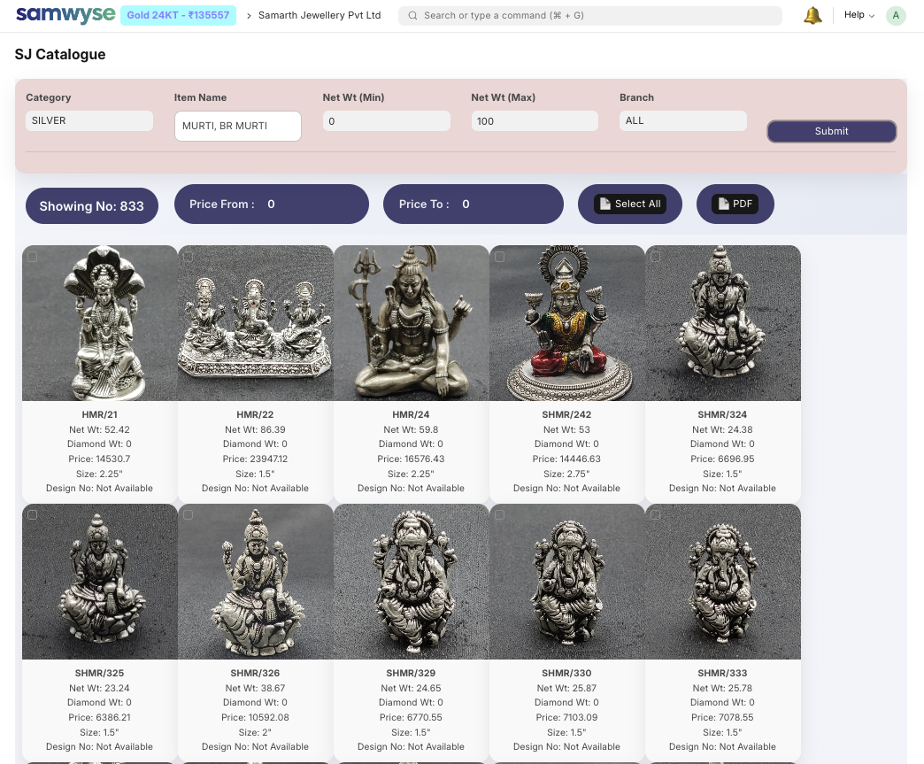 A jewellery catalogue filtered by category, item name, net weight range and branch, showing 833 pieces as photographed cards with net weight, diamond weight, computed price and size, above buttons to select all and export a PDF.